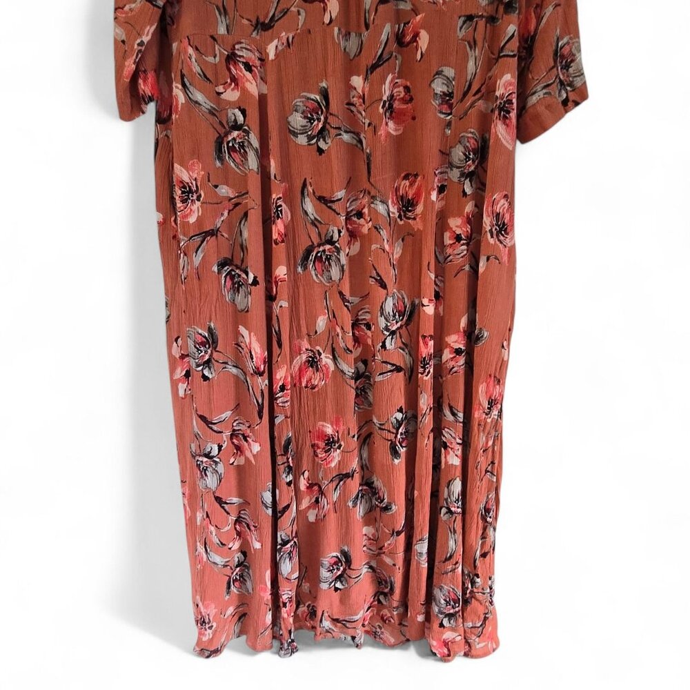 Woman Within Dark Peach Floral Print Dress 22W Roll Tab Sleeves Button Front - Picture 10 of 14